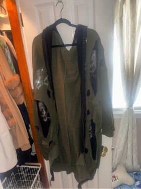 Olive Green Hooded Women's Duster with Sequin Skull Details